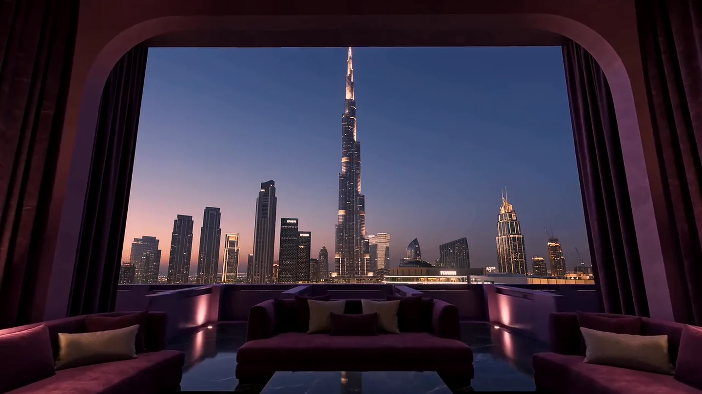 A private rooftop lounge overlooking Dubai at dusk